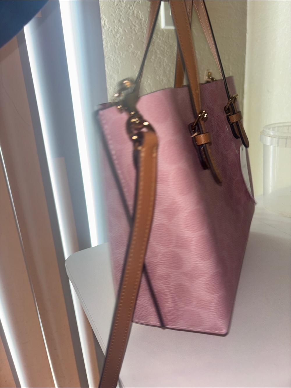 Coach Mollie Pink Signature Tote with Tan Leather Handles - Picture 4 of 5